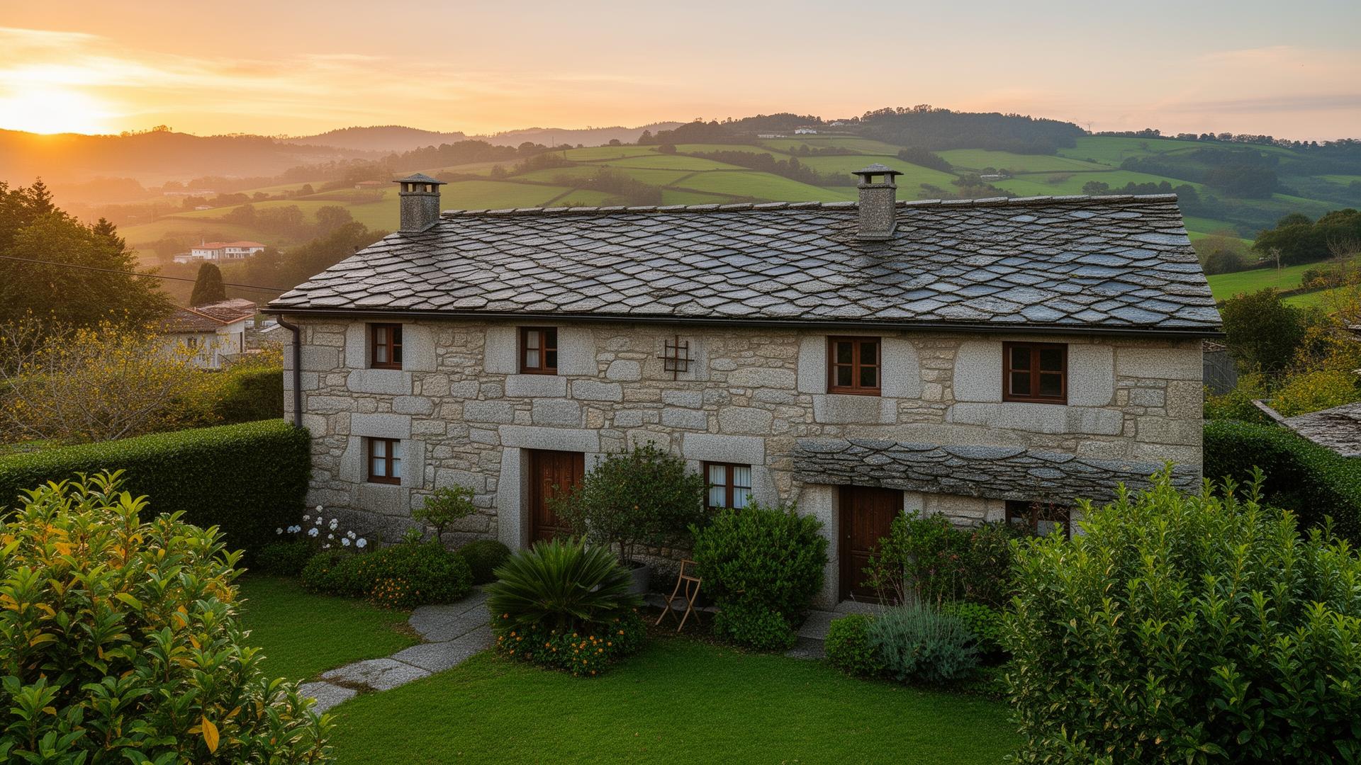 Casa rural completa en Santa Cristina de Vea cerca de Santiago de Compostela al atardecer